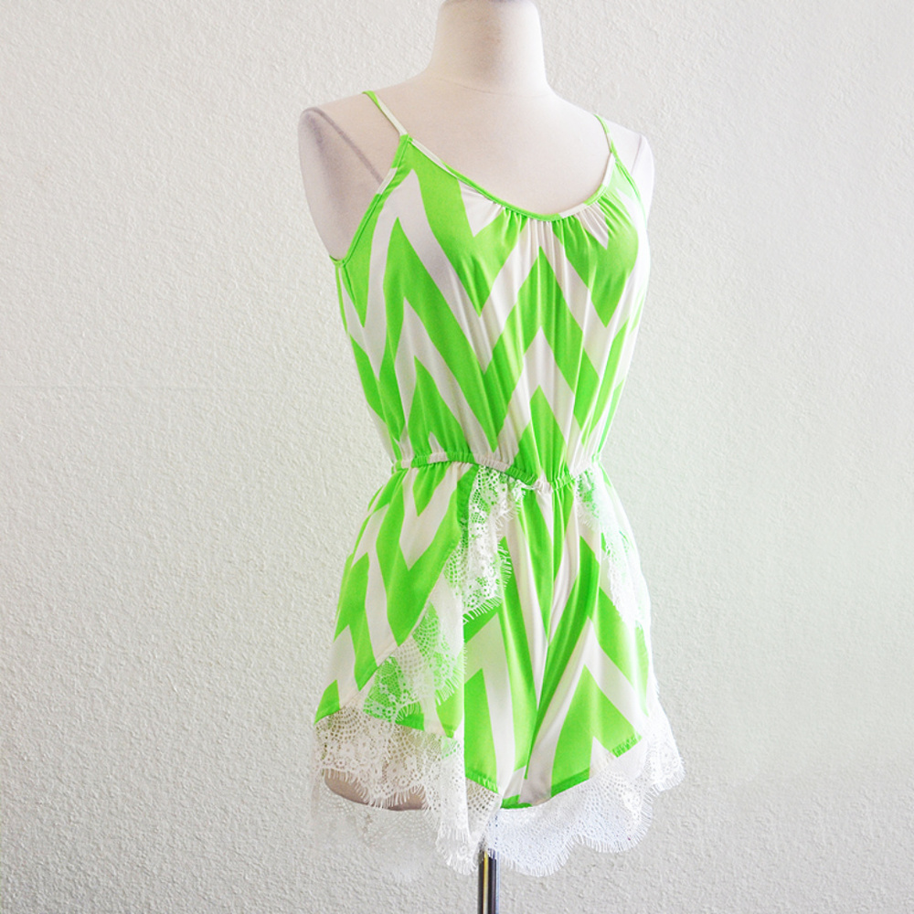 Lime Green and White Lace Chevron Romper